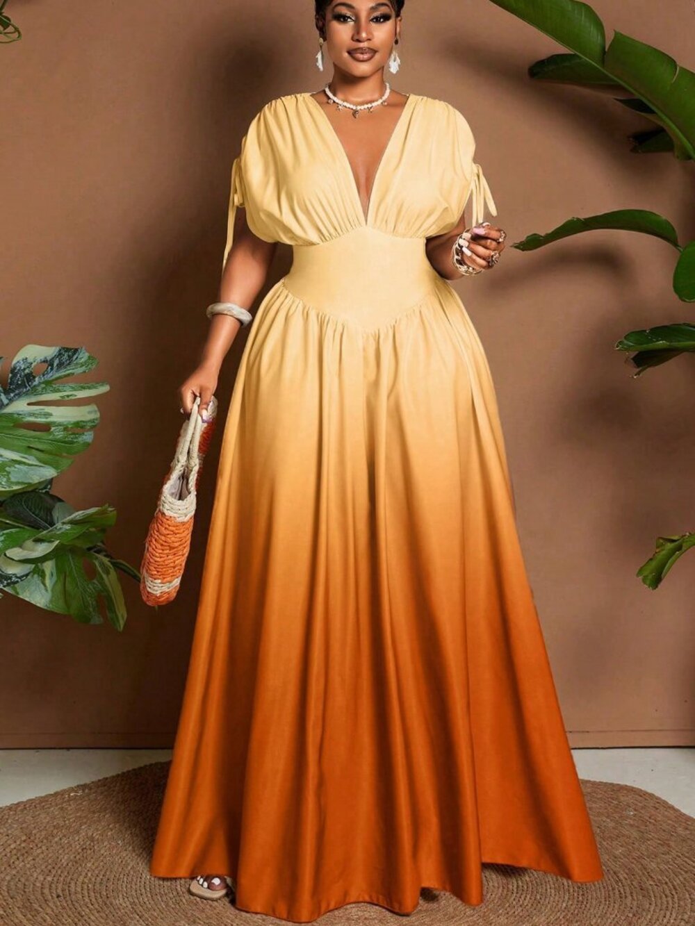 Multicolor Plus-Size Women's Ombre V-Neck A-Line Maxi Dress - Picture 3 of 7
